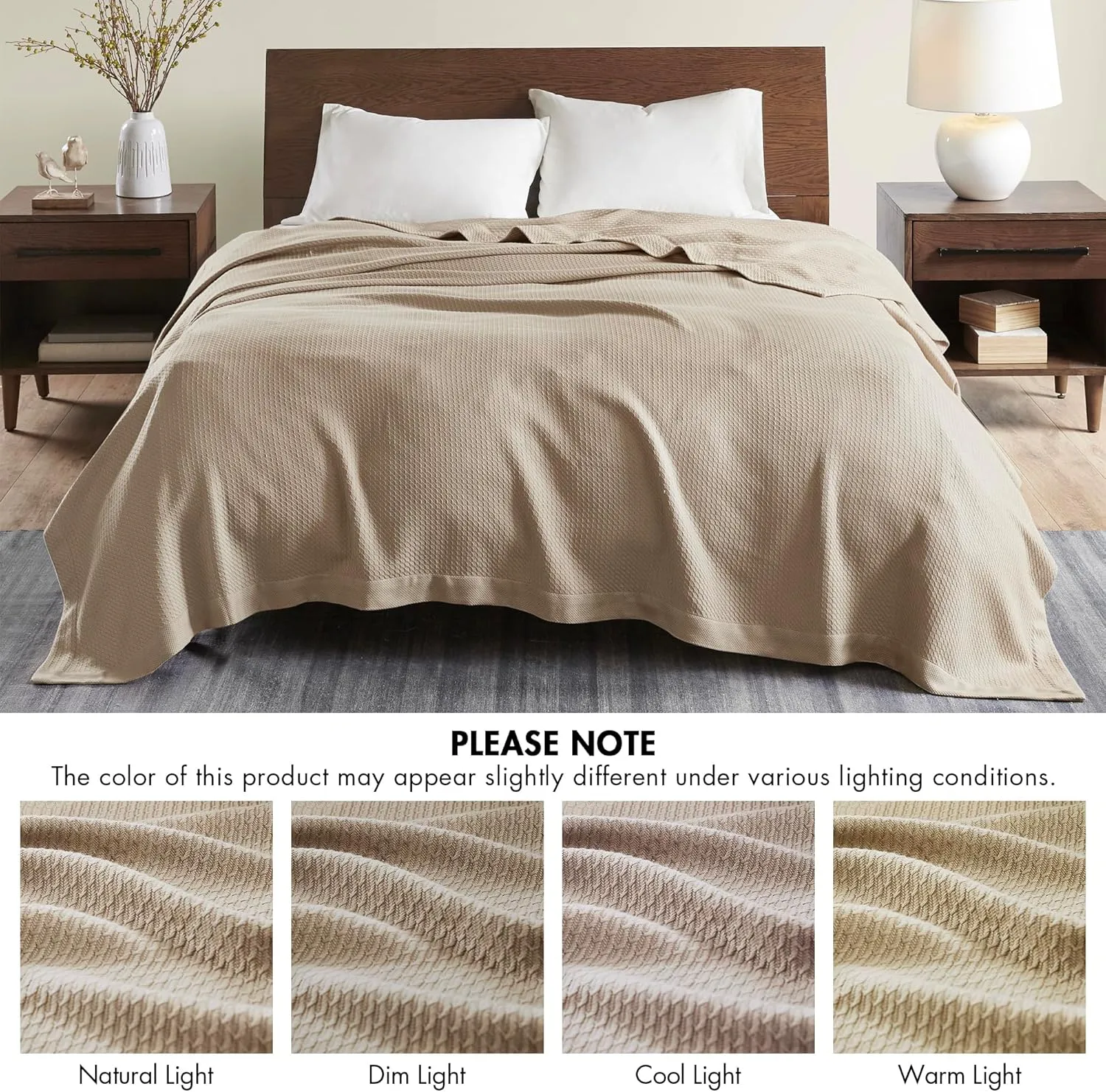 Madison Park Soft Certified 100% Egyptian Cotton Breathable Cozy Blanket, Premium Waffle Knit Classic Design, Luxury All Season Lightweight Cover for Bed, Couch and Sofa, Khaki Twin(66"x90")
