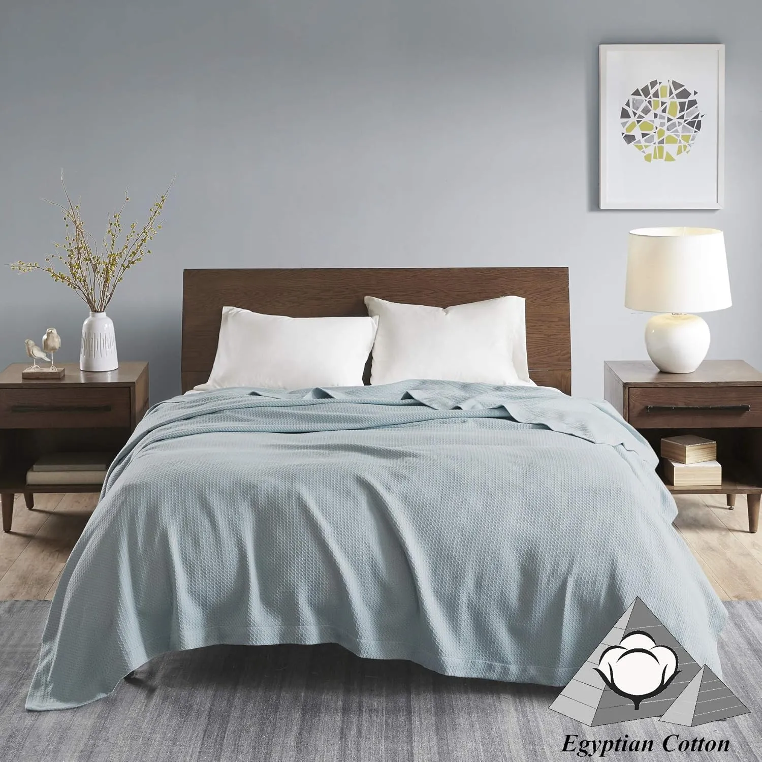 Madison Park Soft Certified 100% Egyptian Cotton Breathable Cozy Blanket, Waffle Knit Classic Design, Luxury All Season Lightweight Cover for Bed, Couch and Sofa, Light Blue Full/Queen(90"x90")