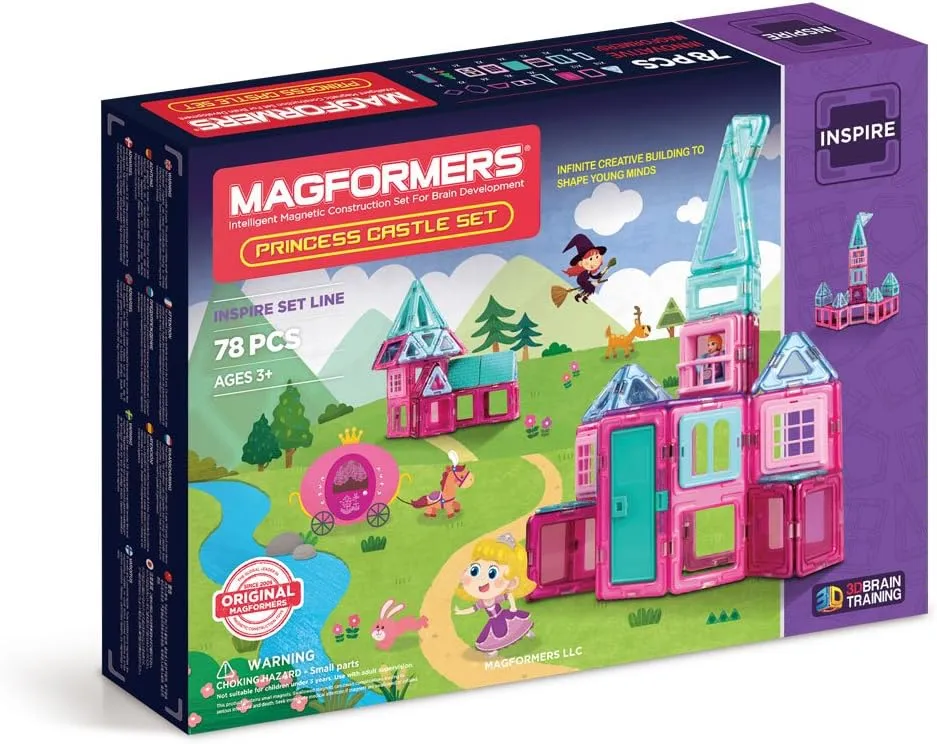 MAGFORMERS Princess Castle 78 Pieces Pink and Purple Colors, Educational Magnetic Geometric Shapes Tiles Building STEM Toy Set Ages 3 
