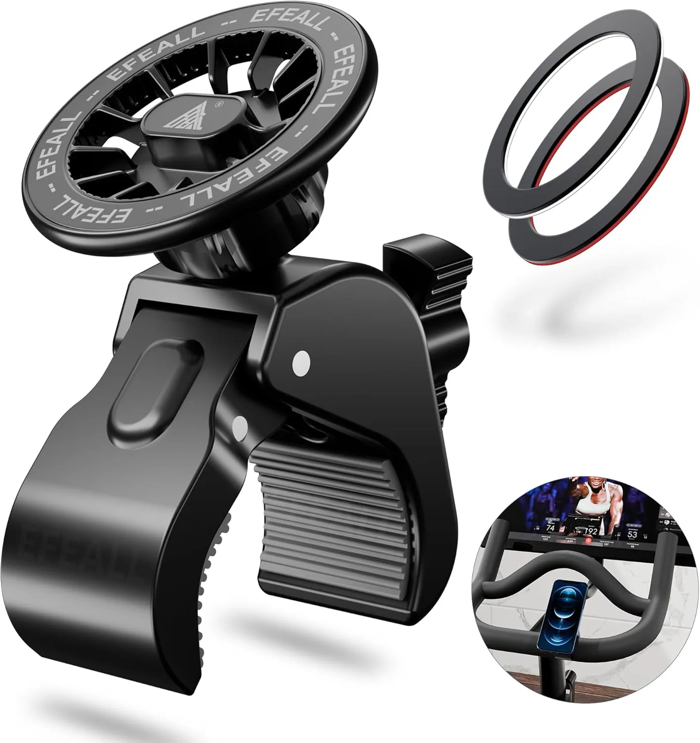 Magnetic Phone Holder, Strong Magnet Bike Phone Mount with Two Metal Rings, for Indoor Gym Equipment(Compatible with Peloton Bike)/Stroller/Treadmill, for MagSafe iPhone Samsung and All Phone