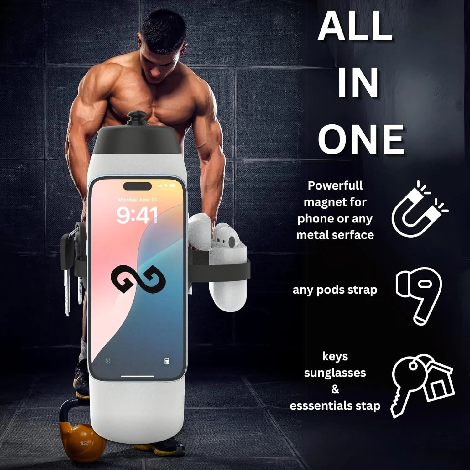 Magnetic Water Bottle Phone Holder – One-Piece Silicone Strap for Gym | Holds Phone, Keys & Earbuds | Fits 12–40 oz Bottles (Neon Green)