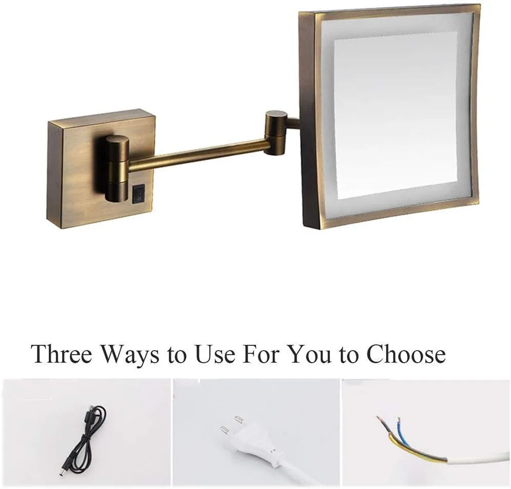 Makeup Mirror Lighted Vanity Bathroom Square Mirror with 360 Degree Swivel Rotation Flexible Gooseneck and Locking Suction(Gold,Plug)/Antique Color/USB