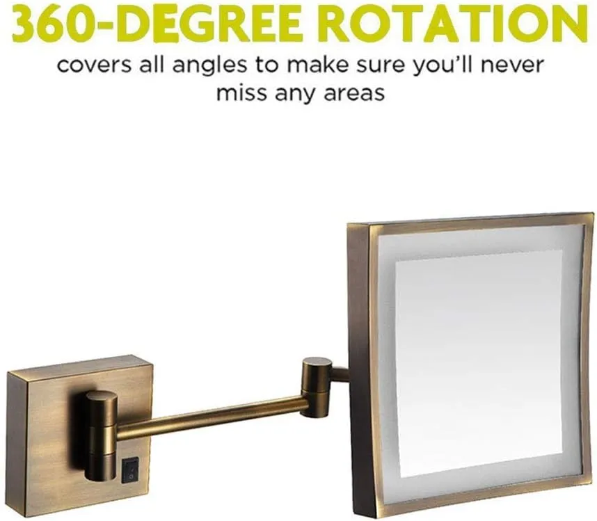 Makeup Mirror Lighted Vanity Bathroom Square Mirror with 360 Degree Swivel Rotation Flexible Gooseneck and Locking Suction(Gold,Plug)/Antique Color/USB
