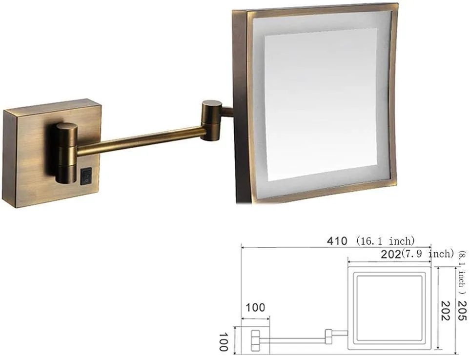 Makeup Mirror Lighted Vanity Bathroom Square Mirror with 360 Degree Swivel Rotation Flexible Gooseneck and Locking Suction(Gold,Plug)/Antique Color/USB