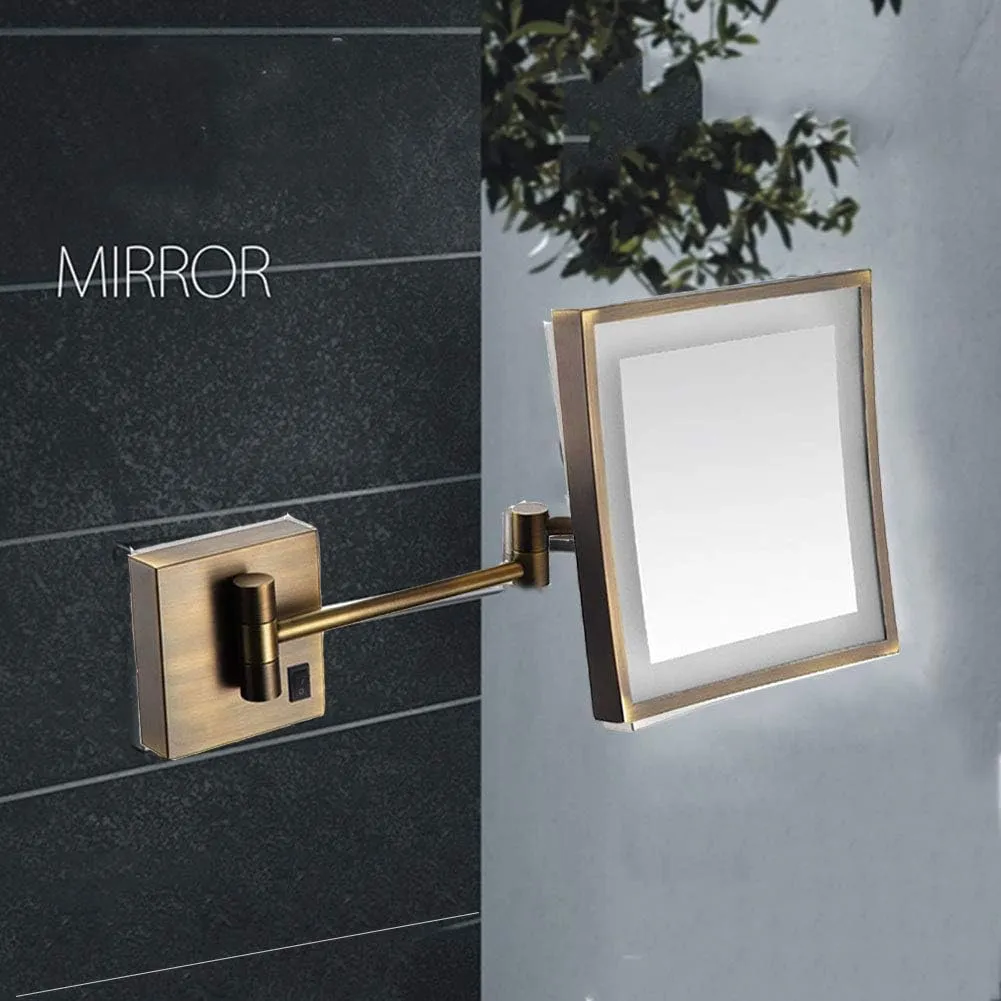 Makeup Mirror Lighted Vanity Bathroom Square Mirror with 360 Degree Swivel Rotation Flexible Gooseneck and Locking Suction(Gold,Plug)/Antique Color/USB