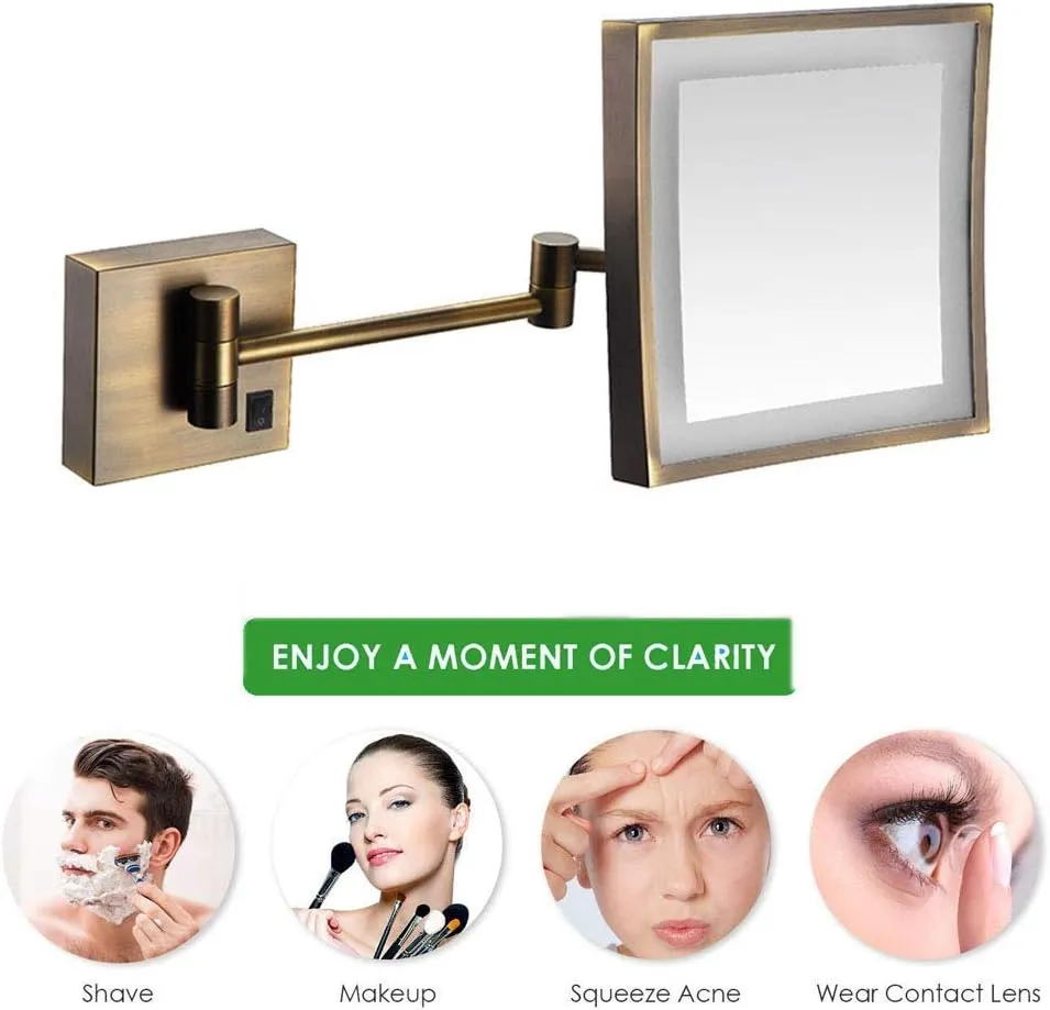 Makeup Mirror Lighted Vanity Bathroom Square Mirror with 360 Degree Swivel Rotation Flexible Gooseneck and Locking Suction(Gold,Plug)/Antique Color/USB