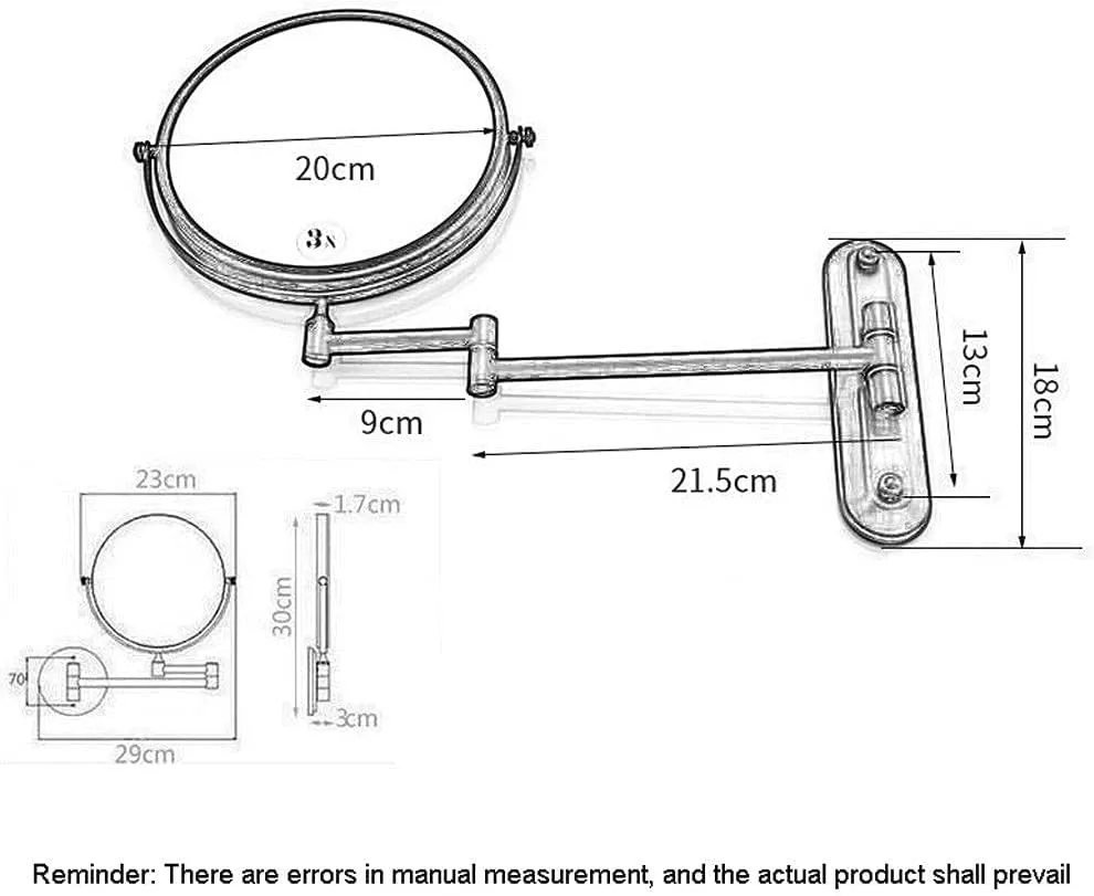 Makeup Mirror Vanity Mirror Wall Mounted Makeup Mirror,Beauty Mirror Retractable Folding Double-Sided 3X Magnifying Mirror Bathroom Vanity Mirror Cosmetic Mirror(Round Base)