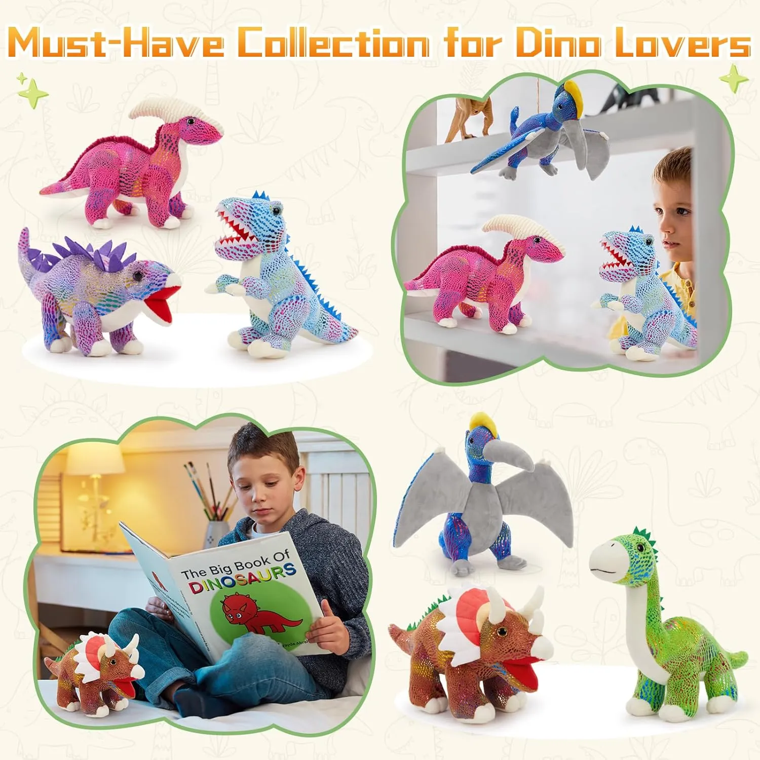 MaoGoLan 12'' Plush Dinosaur Stuffed Animals Set for Kids 5-7, Cute Dinosaur Toys Party Favors in Bulk Girls Boys Christmas Easter Valentine's Day Birthday Gifts, 6 Pack