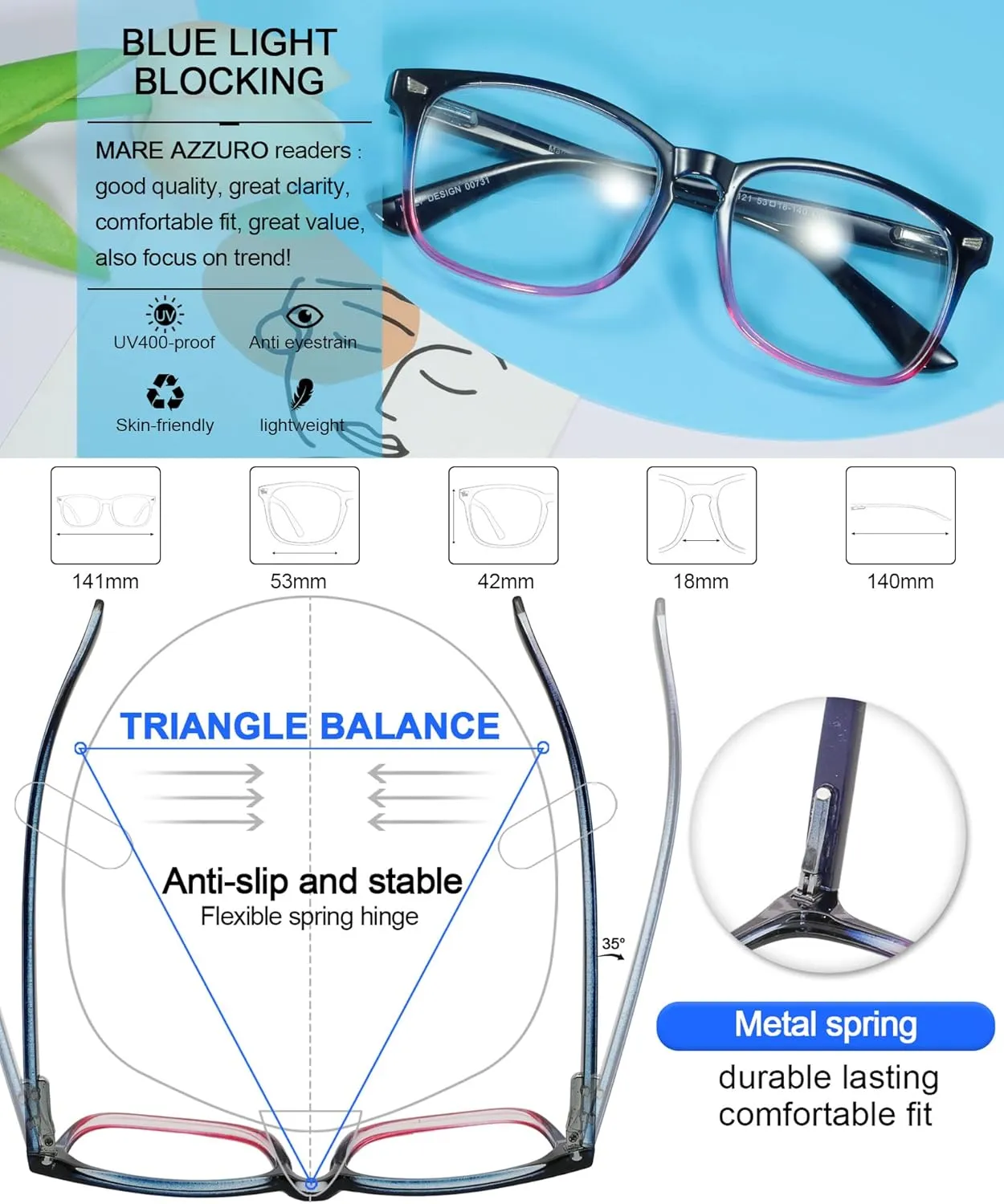 MARE AZZURO Blue Light blocking Reading Glasses Women Computer Readers 0 1.0 1.25 1.5 1.75 2.0 2.25 2.5 2.75 3.0 3.5 4.0 5.0 6.0 (Purple, 00)