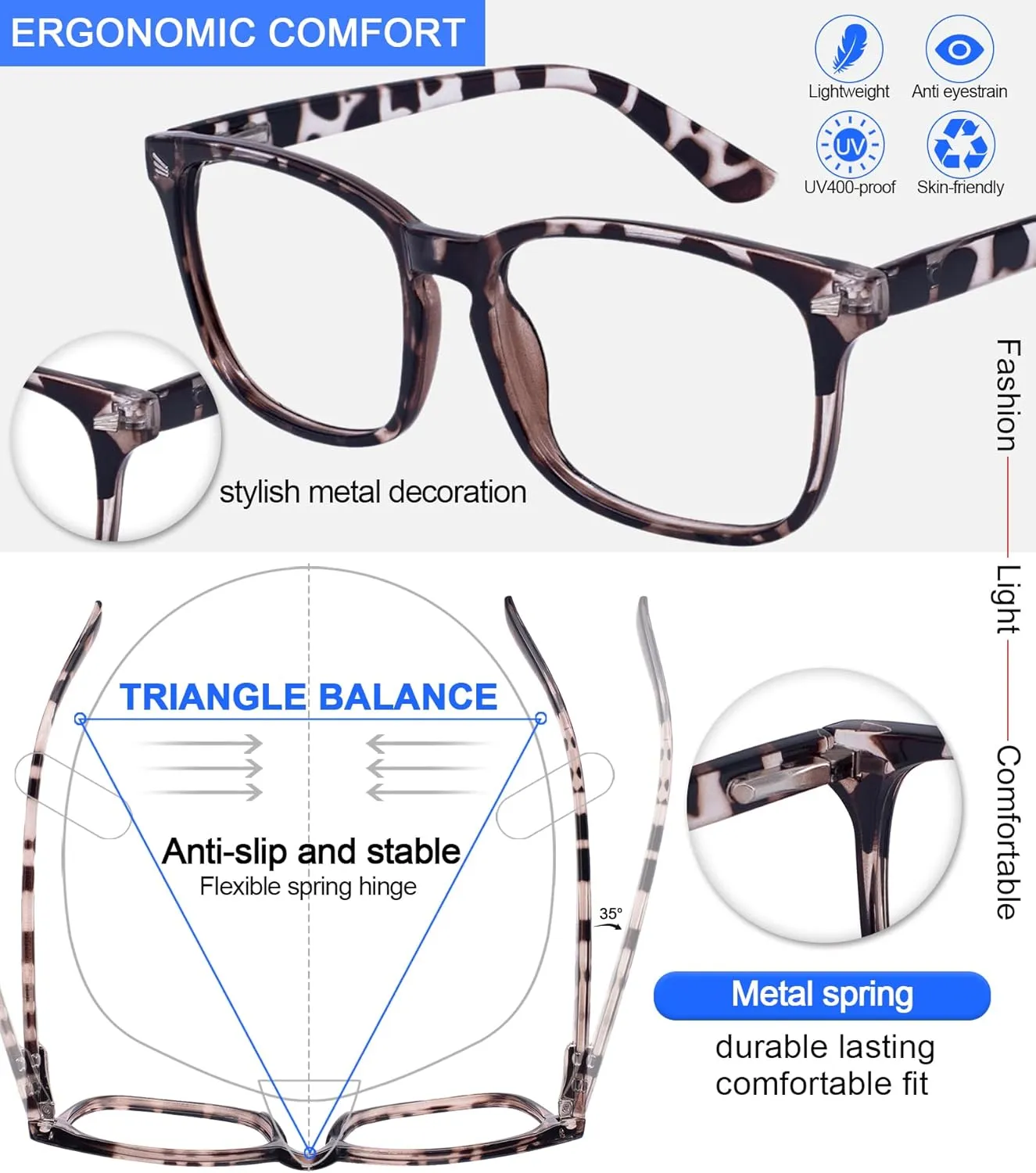 MARE AZZURO Computer Reading Glasses Women Blue Light Blocking Readers 0 1.00 1.25 1.50 1.75 2.00 2.25 2.50 2.75 3.00 3.50 4.00 5.00 6.00 (Leopard, 2.75)