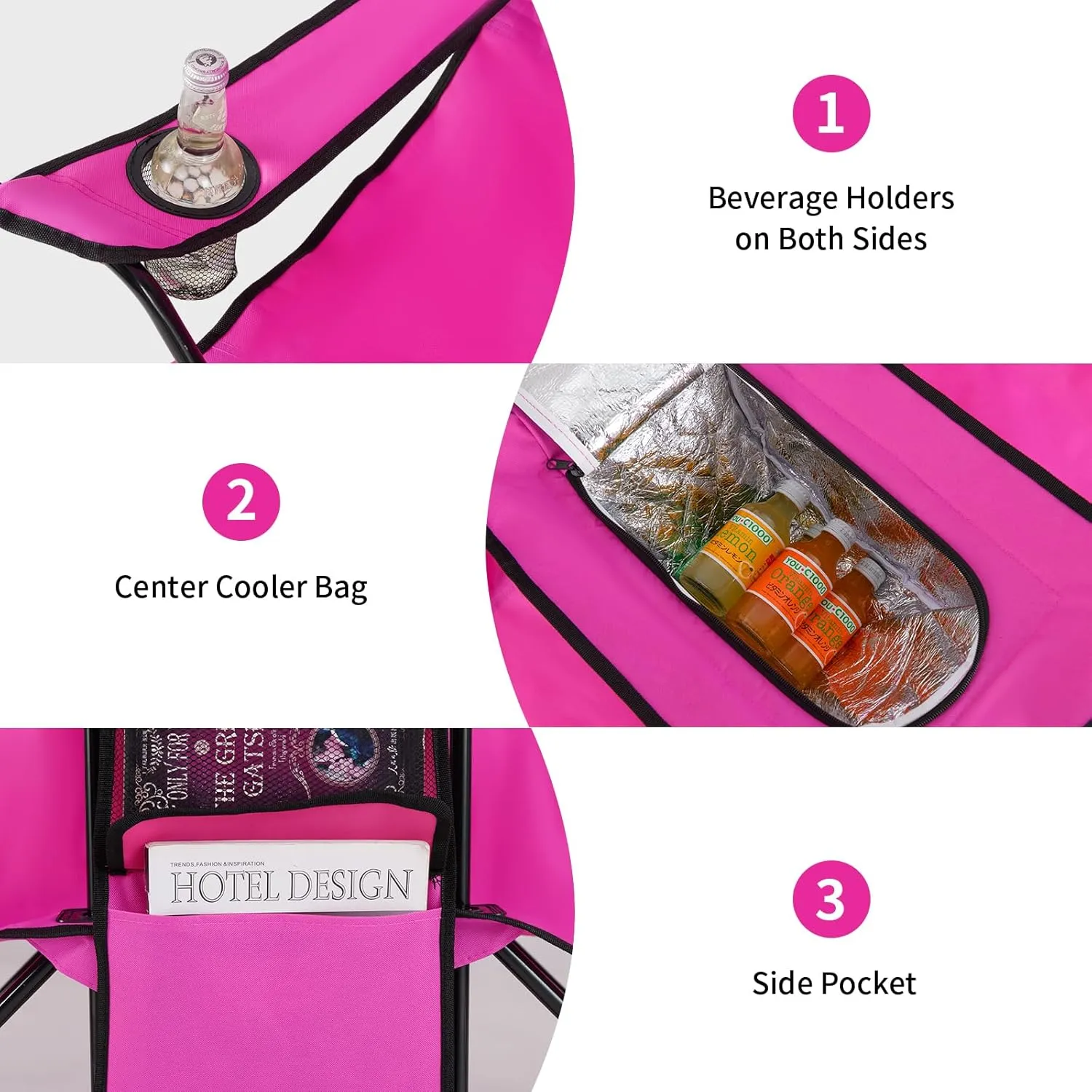 MAT EXPERT Folding Double Camp Chair w/Removable Umbrella, Portable Picnic Chair w/Mini Table, Chair Set w/Beverage Holder, Portable Loveseat Camp Chairs for Beach, Backyard, Poolside (Pink)