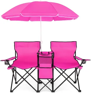 MAT EXPERT Folding Double Camp Chair w/Removable Umbrella, Portable Picnic Chair w/Mini Table, Chair Set w/Beverage Holder, Portable Loveseat Camp Chairs for Beach, Backyard, Poolside (Pink)