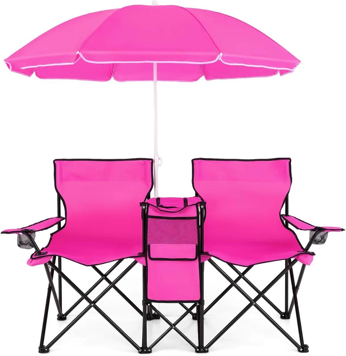MAT EXPERT Folding Double Camp Chair w/Removable Umbrella, Portable Picnic Chair w/Mini Table, Chair Set w/Beverage Holder, Portable Loveseat Camp Chairs for Beach, Backyard, Poolside (Pink)