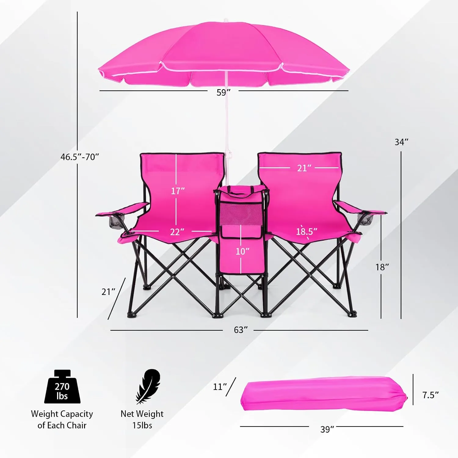 MAT EXPERT Folding Double Camp Chair w/Removable Umbrella, Portable Picnic Chair w/Mini Table, Chair Set w/Beverage Holder, Portable Loveseat Camp Chairs for Beach, Backyard, Poolside (Pink)