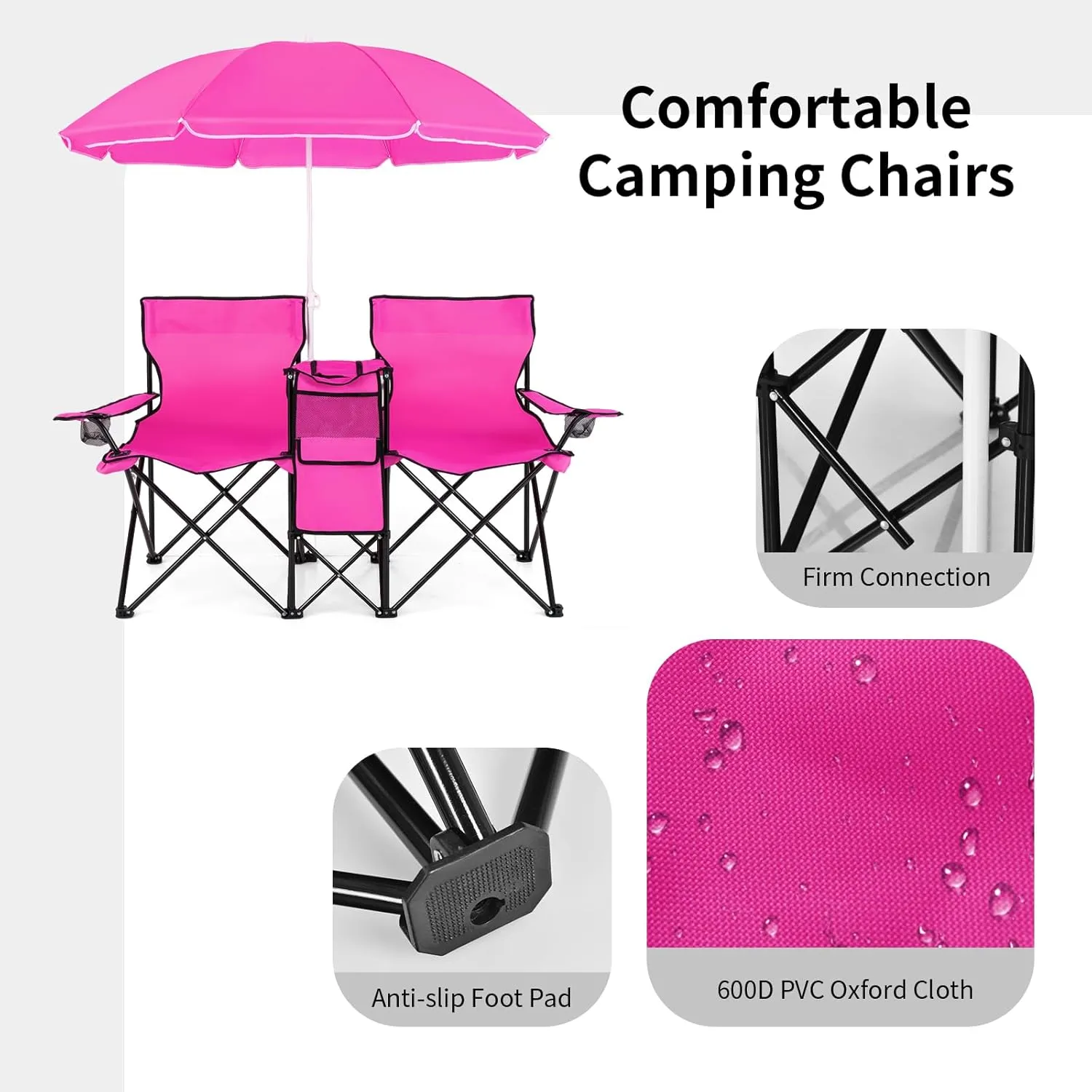 MAT EXPERT Folding Double Camp Chair w/Removable Umbrella, Portable Picnic Chair w/Mini Table, Chair Set w/Beverage Holder, Portable Loveseat Camp Chairs for Beach, Backyard, Poolside (Pink)