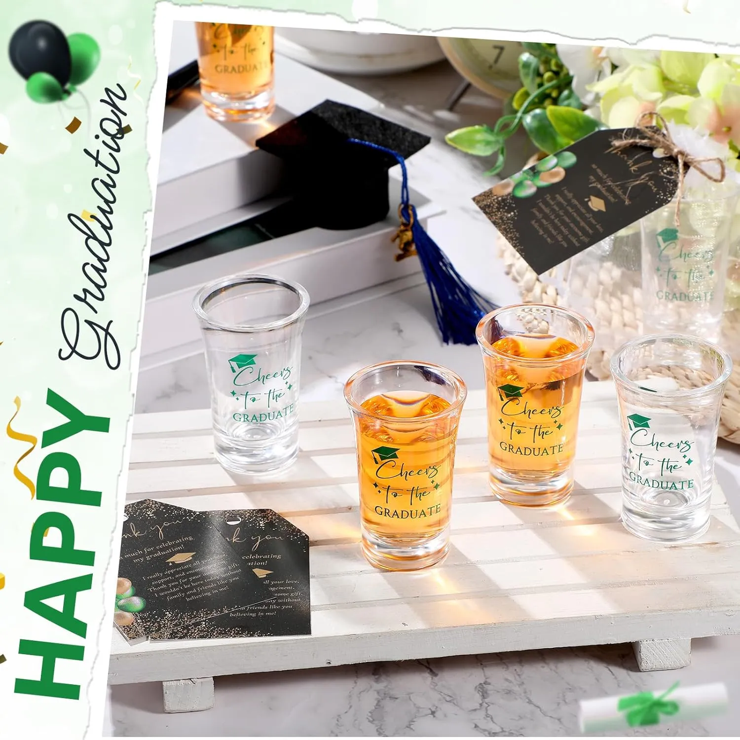Maxcheck 50 Sets Graduation Party Favors for Guests Cheers to the Graduate Acrylic Shot Glasses with Thank You Cards and Organza Bags Graduation Gifts for Teacher Classmates Family (Green)