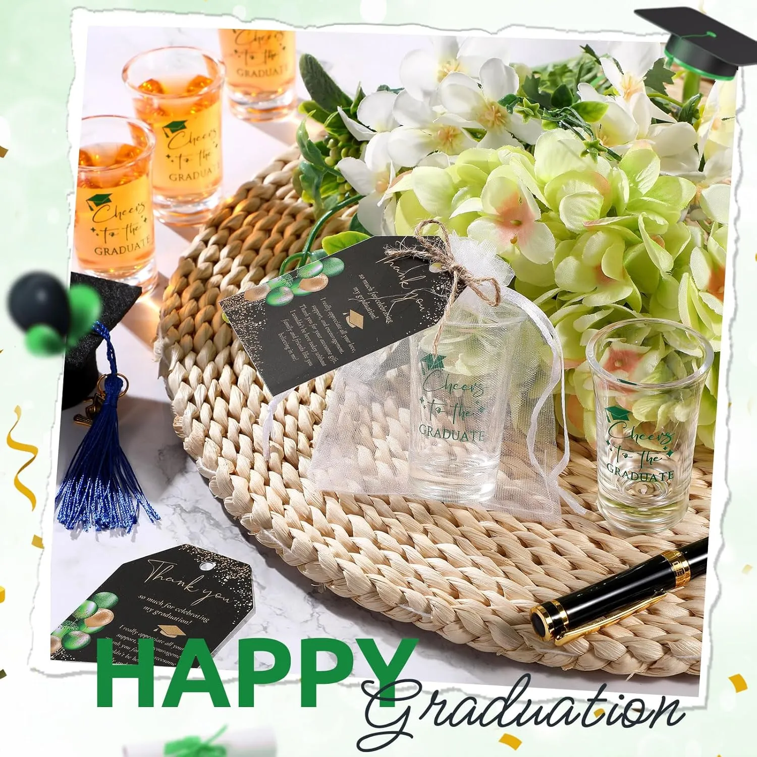 Maxcheck 50 Sets Graduation Party Favors for Guests Cheers to the Graduate Acrylic Shot Glasses with Thank You Cards and Organza Bags Graduation Gifts for Teacher Classmates Family (Green)