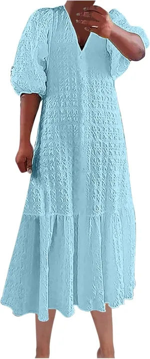 Maxi Dresses for Women 2025,Boho Floral Womens Spring Dresses Puff Sleeve Long Dresses Going Out Beach Trave