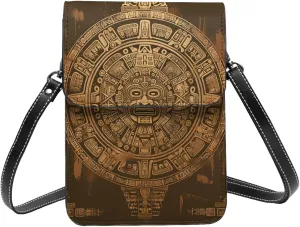 Mayan Calendar Geometric Sun Moon Time Brown Vintage Crossbody Cell Phone Purse For Women Teen Girls Leather Small Crossbody Bag Mini Phone Pouch Purse, 7.5x5.3 Inches