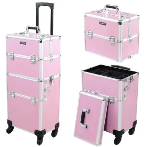 mefeir 2 in 1 Rolling Makeup Train Case, Makeup Travel Organizer Cosmetic Case, Aluminum Cosmetology Display Suitcase on Wheels, Beauty Storage Luggage Lockable w/4 Removable Wheels (Pink)