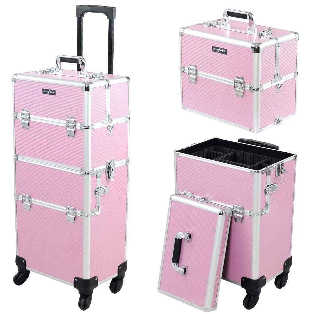 mefeir 2 in 1 Rolling Makeup Train Case, Makeup Travel Organizer Cosmetic Case, Aluminum Cosmetology Display Suitcase on Wheels, Beauty Storage Luggage Lockable w/4 Removable Wheels (Pink)
