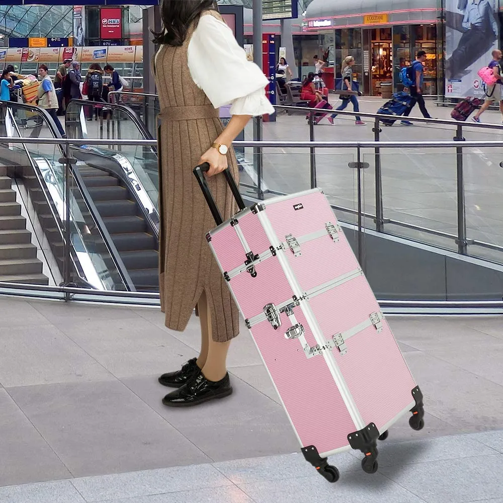 mefeir 2 in 1 Rolling Makeup Train Case, Makeup Travel Organizer Cosmetic Case, Aluminum Cosmetology Display Suitcase on Wheels, Beauty Storage Luggage Lockable w/4 Removable Wheels (Pink)