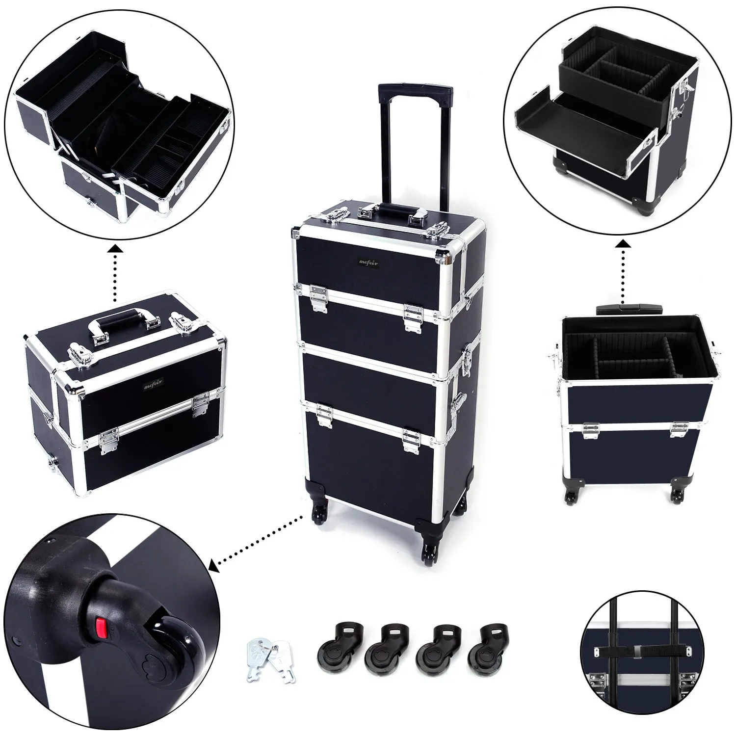 mefeir 2-IN-1 Rolling Makeup Train Case,4 Removable Wheels Travel Lift Handle Strap,Lockable Beauty Cosmetic Trolley Artist Organizer, Ideal Gift Stylist Wife Girlfriend Daughter (Black)