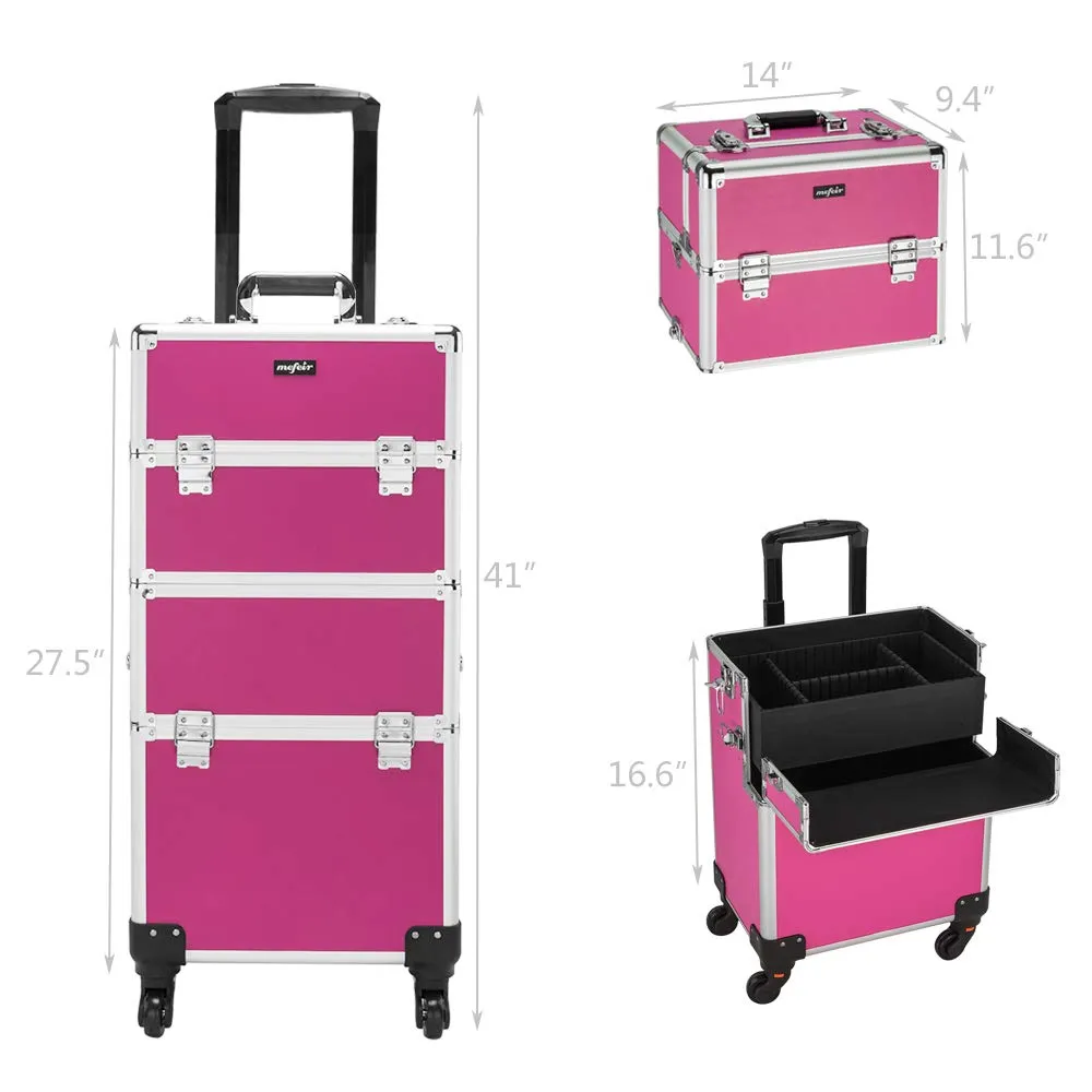 mefeir 3 in 1 Rolling Makeup Train Case, Aluminum Makeup Travel Organizer Cosmetic Case, Cosmetology Display Suitcase on Wheels, Beauty Storage Luggage Lockable w/4 Removable Wheels (Rose-Pink)
