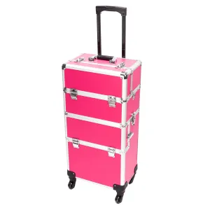 mefeir 3 in 1 Rolling Makeup Train Case, Aluminum Makeup Travel Organizer Cosmetic Case, Cosmetology Display Suitcase on Wheels, Beauty Storage Luggage Lockable w/4 Removable Wheels (Rose-Pink)