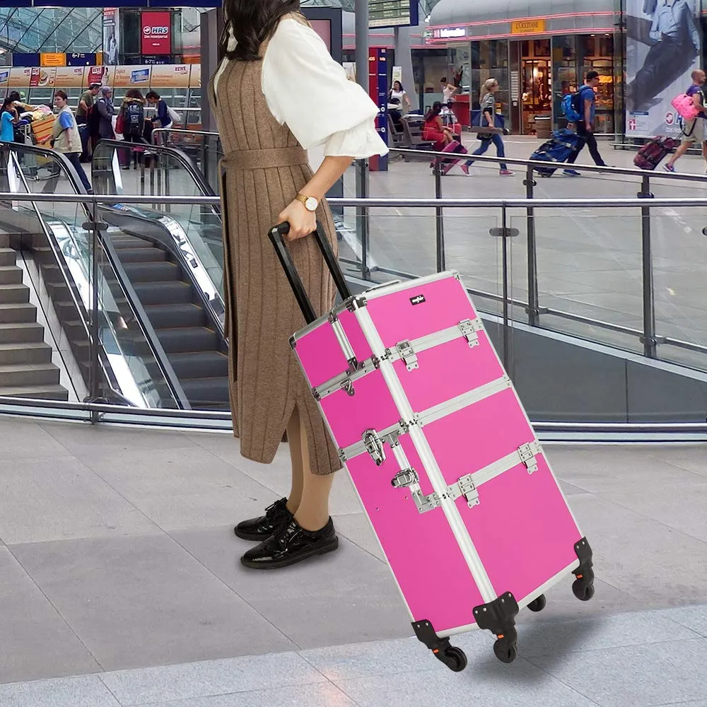 mefeir 3 in 1 Rolling Makeup Train Case, Aluminum Makeup Travel Organizer Cosmetic Case, Cosmetology Display Suitcase on Wheels, Beauty Storage Luggage Lockable w/4 Removable Wheels (Rose-Pink)