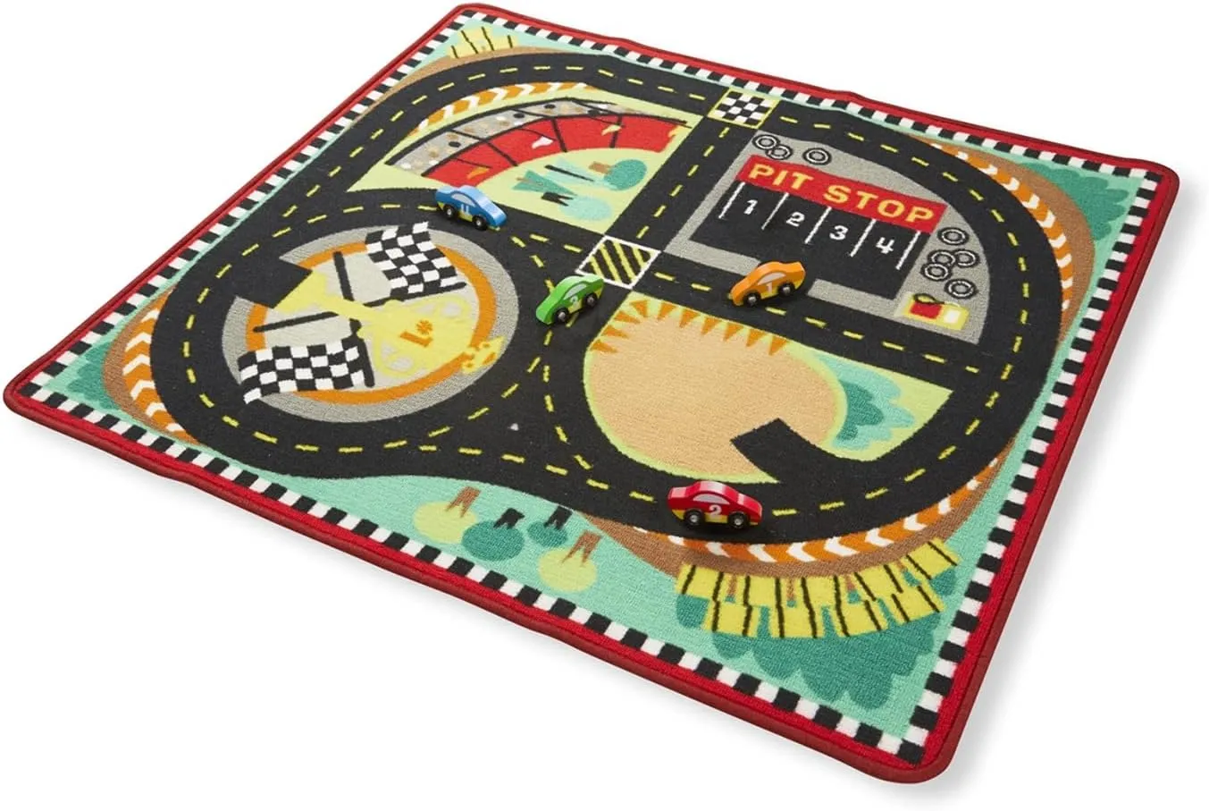 Melissa & Doug Round the Speedway Race Track Rug With 4 Race Cars (39 x 36 inches) , Black