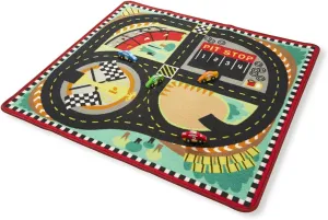 Melissa & Doug Round the Speedway Race Track Rug With 4 Race Cars (39 x 36 inches) , Black