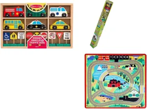 Melissa & Doug Round The Town Road Rug, Vehicles & Traffic Signs Set Vehicle