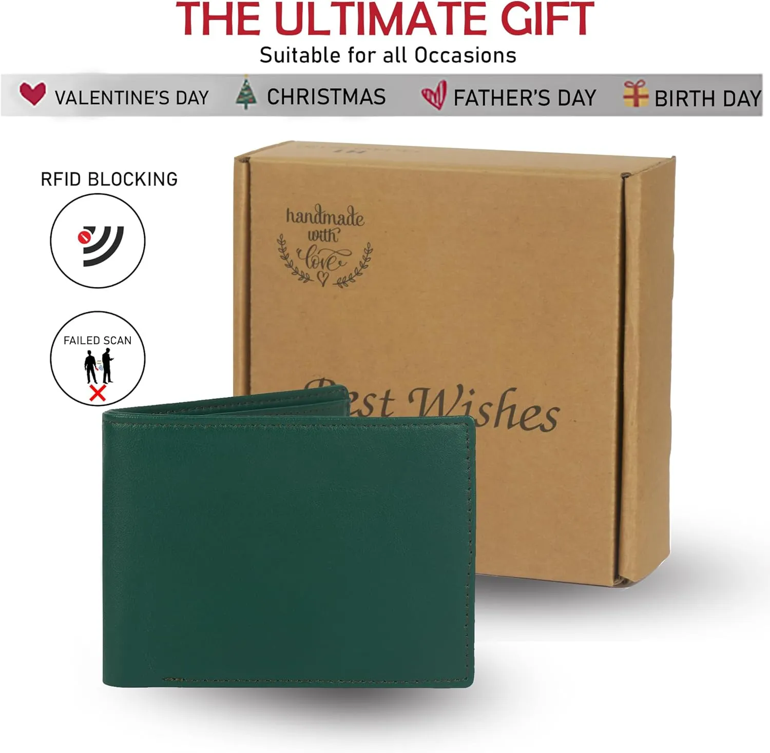 Men's Green Leather Bifold Wallet RFID Blocking Front Pocket Security Passcase Cowhide Durable Extra Capacity Billfold 6 Credit Cards with Flip-out ID Window Classic Handmade Gift For Him VINAM-B-08