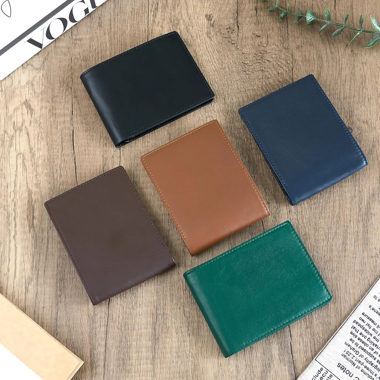 Men's Green Leather Bifold Wallet RFID Blocking Front Pocket Security Passcase Cowhide Durable Extra Capacity Billfold 6 Credit Cards with Flip-out ID Window Classic Handmade Gift For Him VINAM-B-08