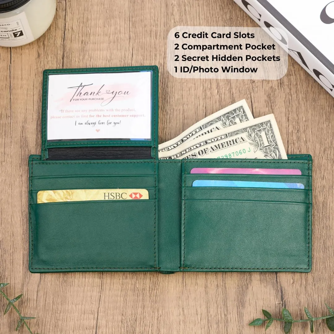 Men's Green Leather Bifold Wallet RFID Blocking Front Pocket Security Passcase Cowhide Durable Extra Capacity Billfold 6 Credit Cards with Flip-out ID Window Classic Handmade Gift For Him VINAM-B-08