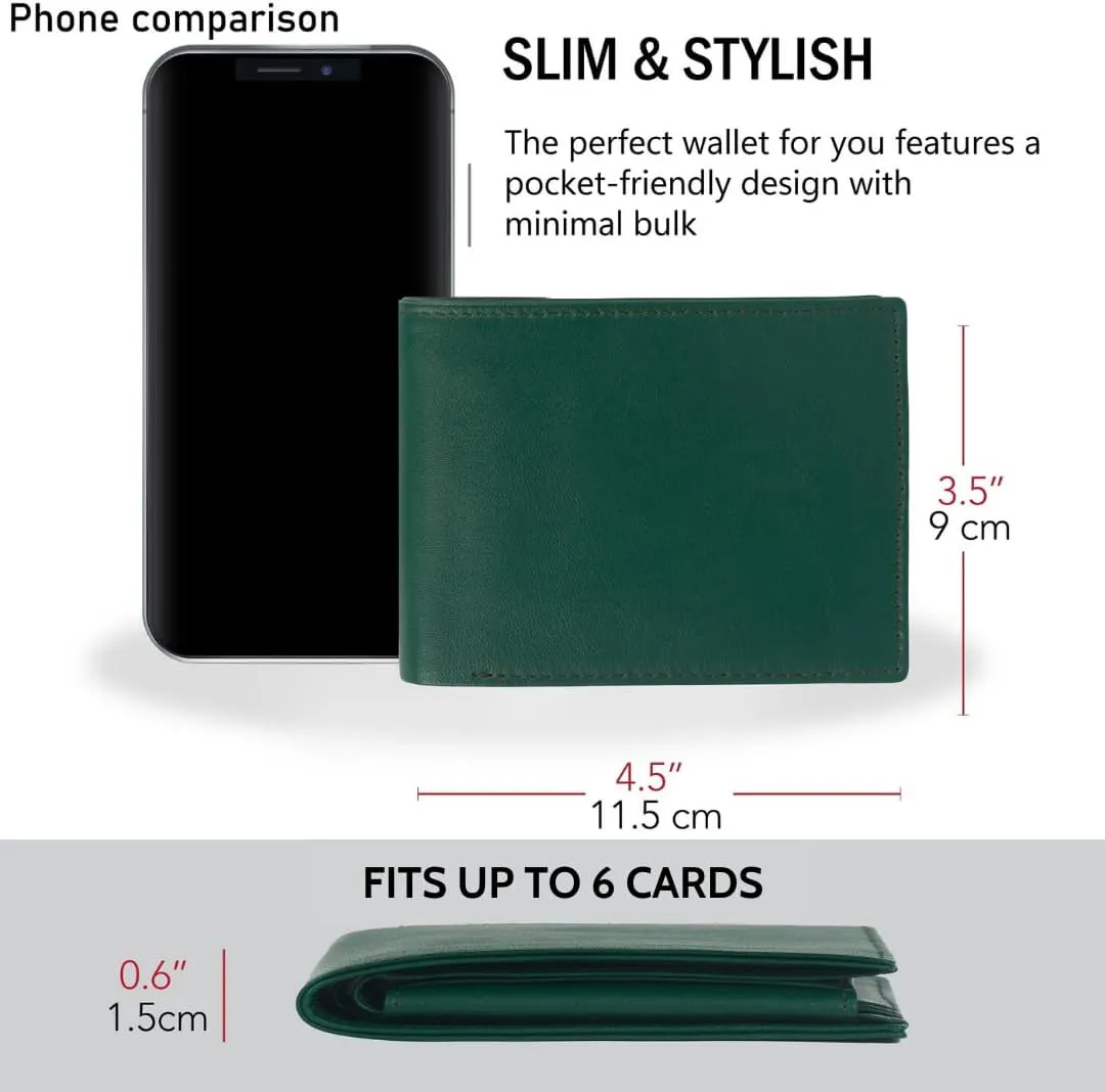 Men's Green Leather Bifold Wallet RFID Blocking Front Pocket Security Passcase Cowhide Durable Extra Capacity Billfold 6 Credit Cards with Flip-out ID Window Classic Handmade Gift For Him VINAM-B-08