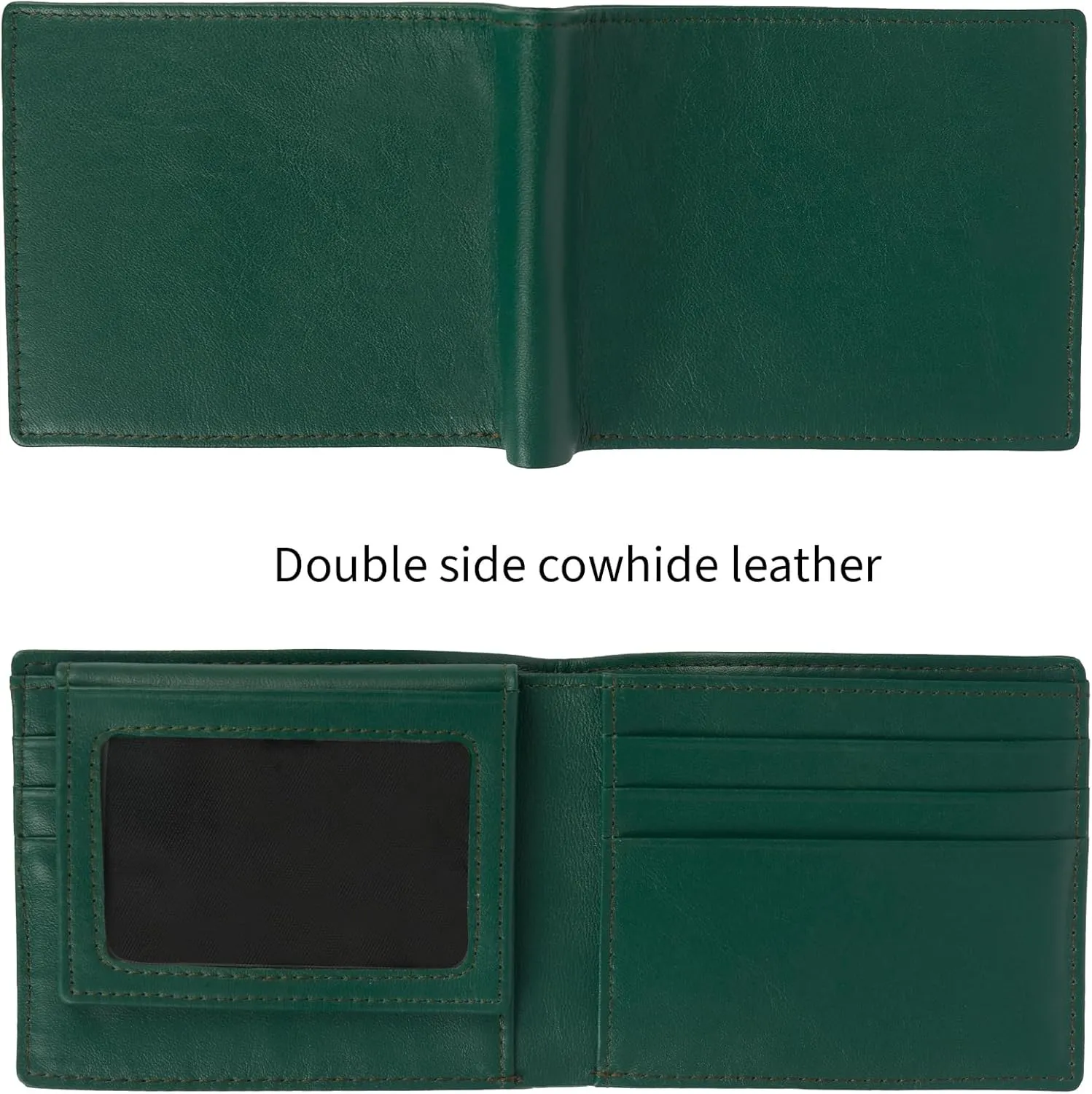 Men's Green Leather Bifold Wallet RFID Blocking Front Pocket Security Passcase Cowhide Durable Extra Capacity Billfold 6 Credit Cards with Flip-out ID Window Classic Handmade Gift For Him VINAM-B-08