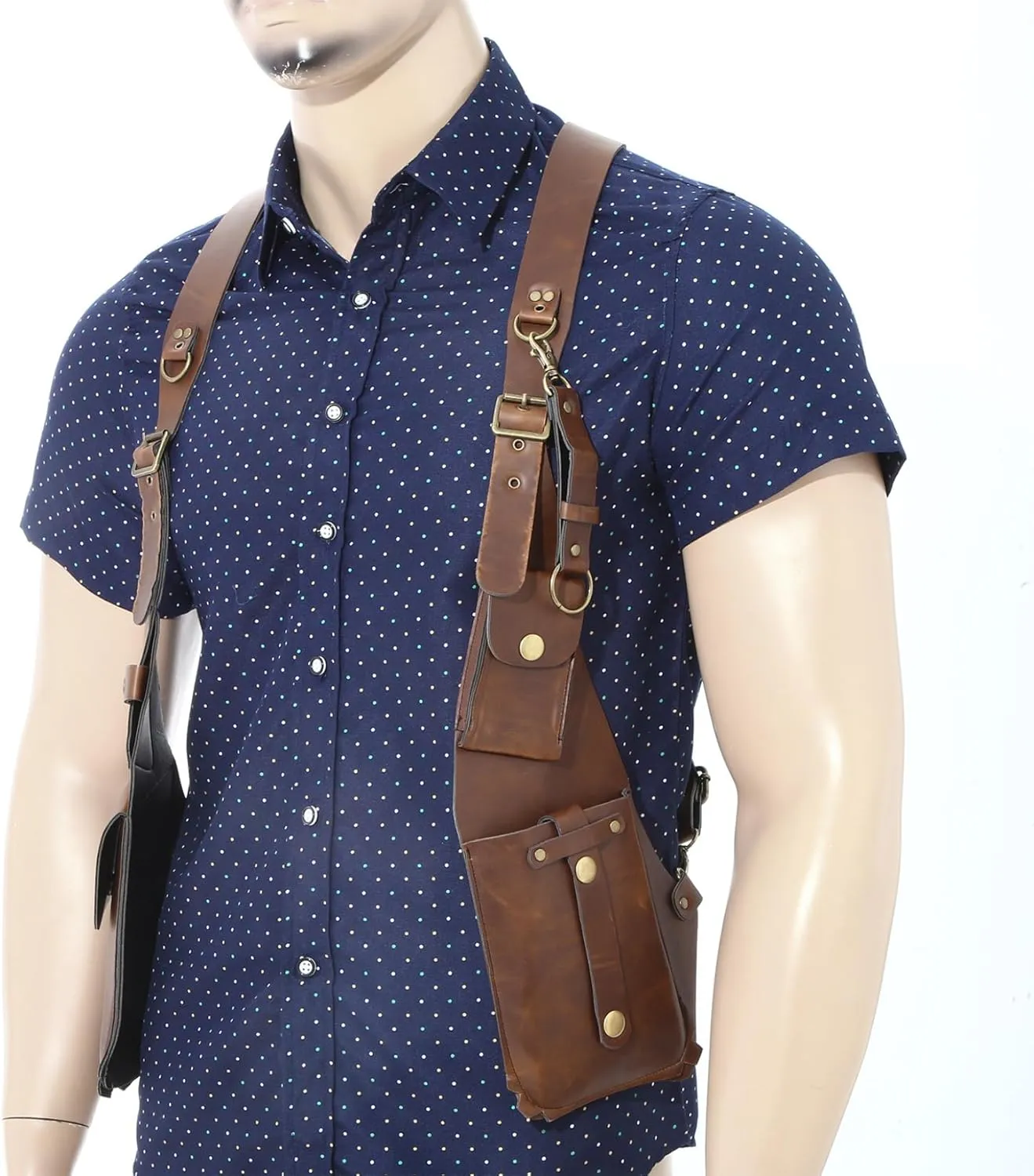 Mens Leather Hidden Underarm Shoulder Bag Double Shoulder Pouch Outdoors Mobile Phone Holster Bag