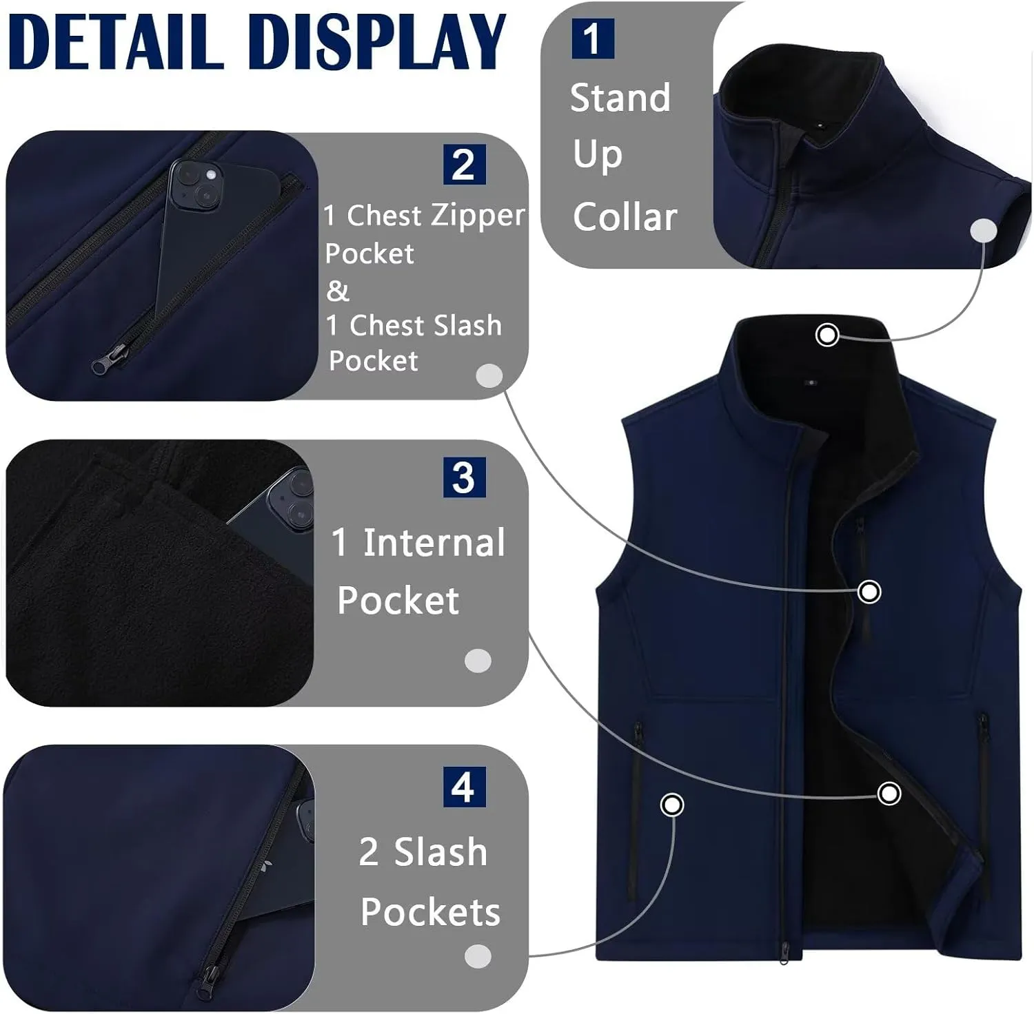 Men's Lightweight Softshell Vest Outerwear Windproof Puffer Sleeveless Jacket for Golf Running