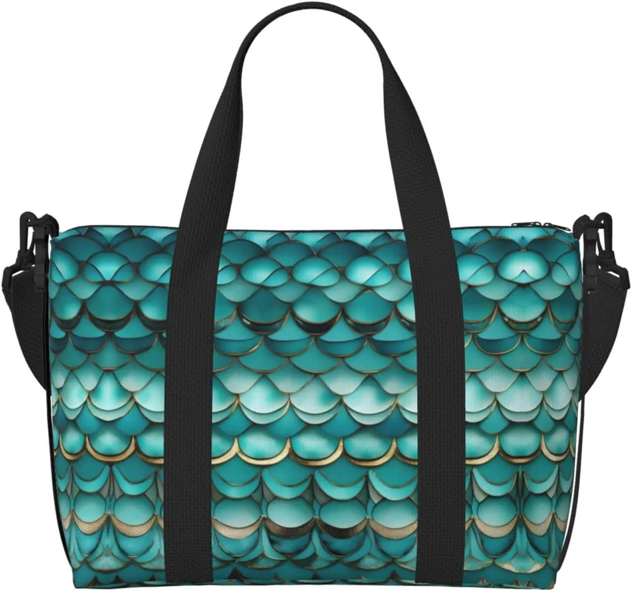 Mermaid Teal Fish Scale Print Tote Crossbody Travel Bag with Zip Casual Handbag for Weekend Trips and Gym Shopping, Black, One Size, Travel Tote