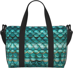 Mermaid Teal Fish Scale Print Tote Crossbody Travel Bag with Zip Casual Handbag for Weekend Trips and Gym Shopping, Black, One Size, Travel Tote