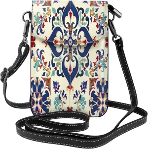 Mexican Talavera Leather Crossbody Bag For Women, Ethnic Ceramic Tile Small Cell Phone Purse Mini Shoulder Phone Bag Wallet Pouch