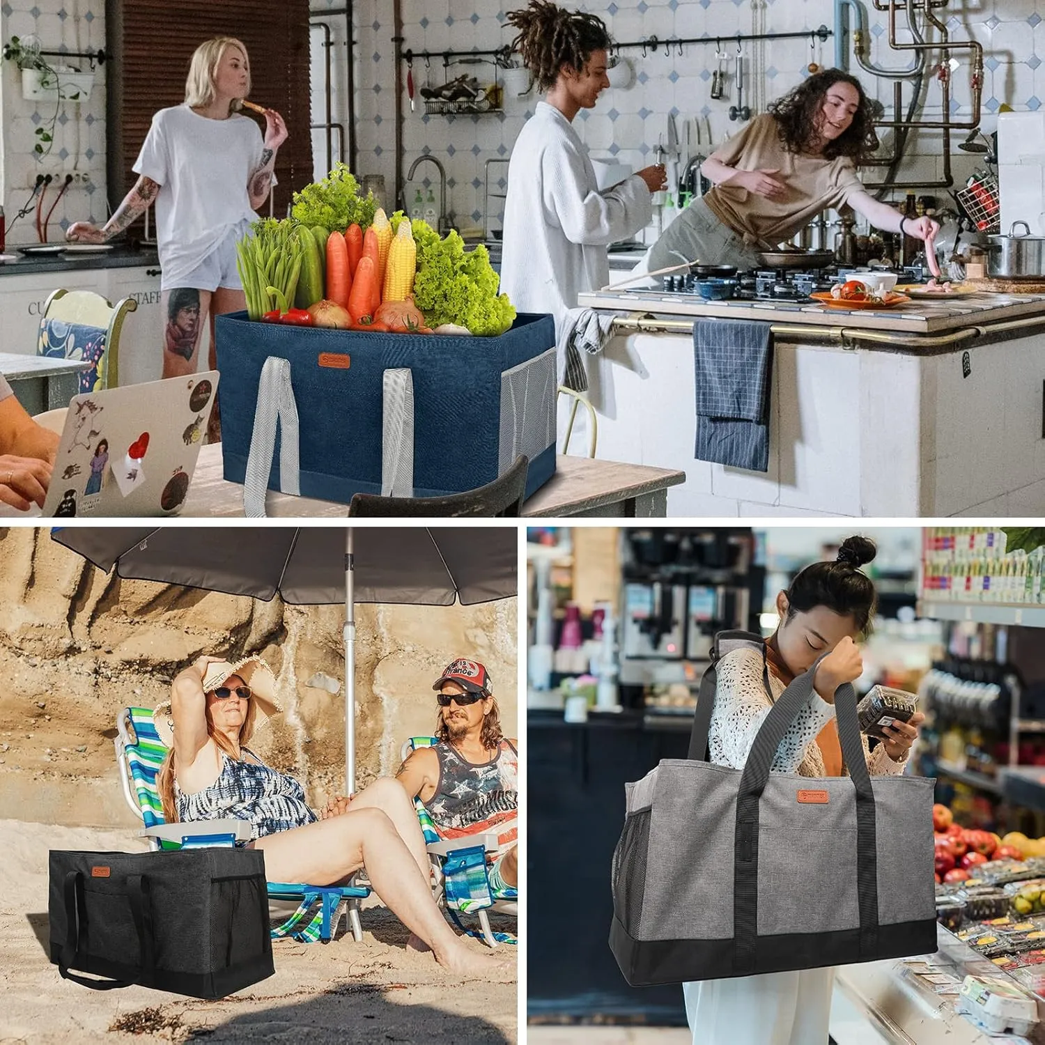 MHOMER Reusable Grocery Bags Extra Waterproof Large Utility Tote Bag with Carrying Handles Foldable Shopping Bags for Storage Space Saving Reinforced Bottom Durable Oxford Fabric Black