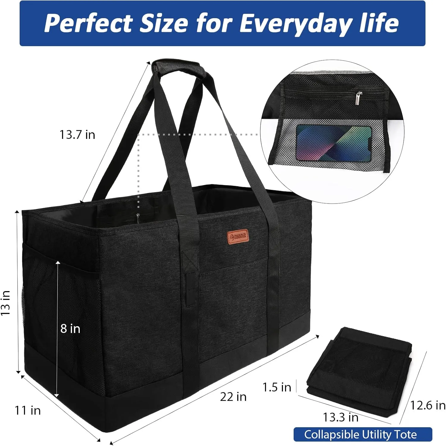 MHOMER Reusable Grocery Bags Extra Waterproof Large Utility Tote Bag with Carrying Handles Foldable Shopping Bags for Storage Space Saving Reinforced Bottom Durable Oxford Fabric Black