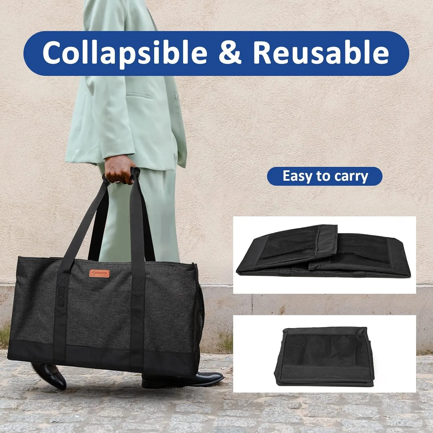 MHOMER Reusable Grocery Bags Extra Waterproof Large Utility Tote Bag with Carrying Handles Foldable Shopping Bags for Storage Space Saving Reinforced Bottom Durable Oxford Fabric Black