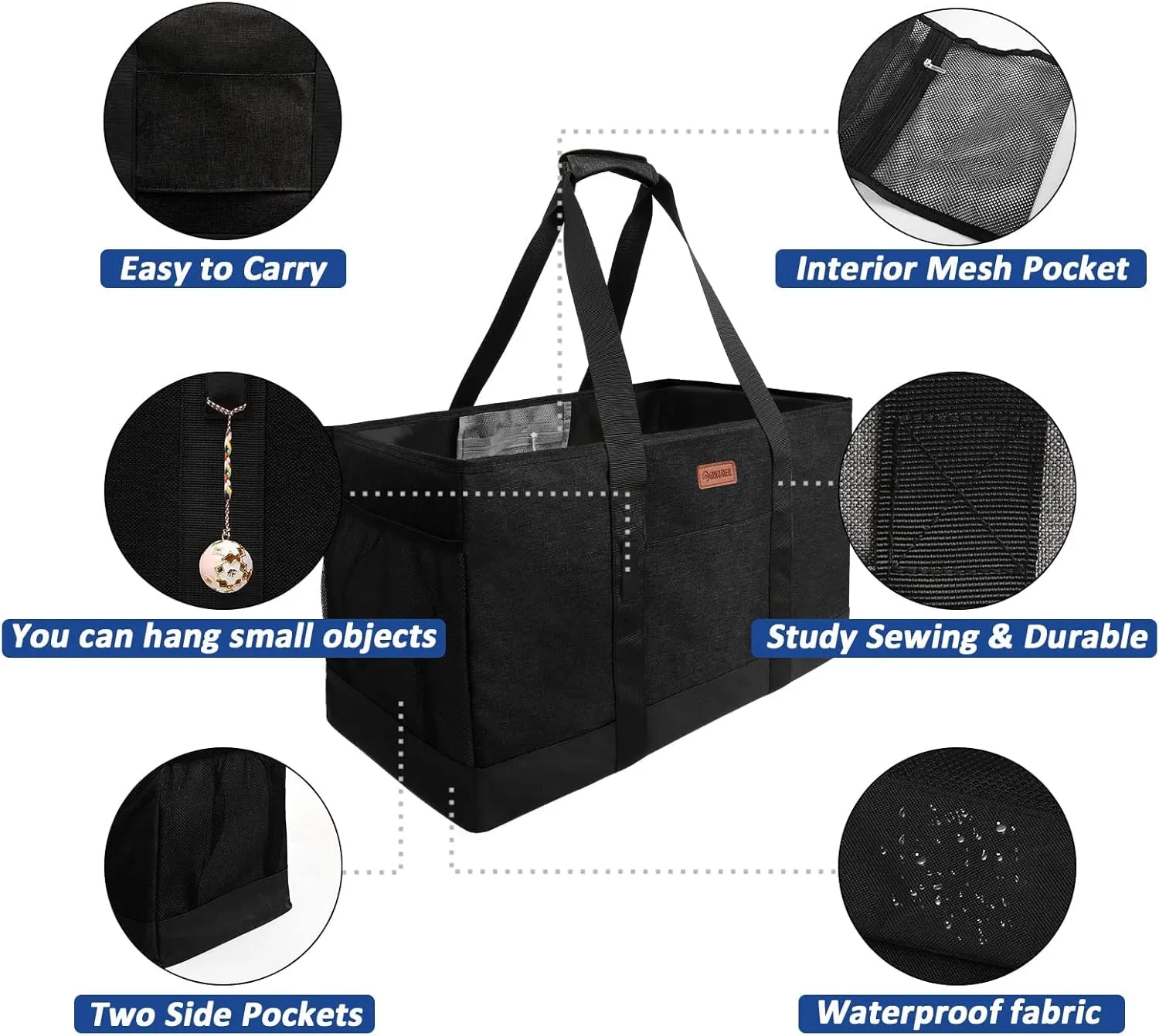 MHOMER Reusable Grocery Bags Extra Waterproof Large Utility Tote Bag with Carrying Handles Foldable Shopping Bags for Storage Space Saving Reinforced Bottom Durable Oxford Fabric Black