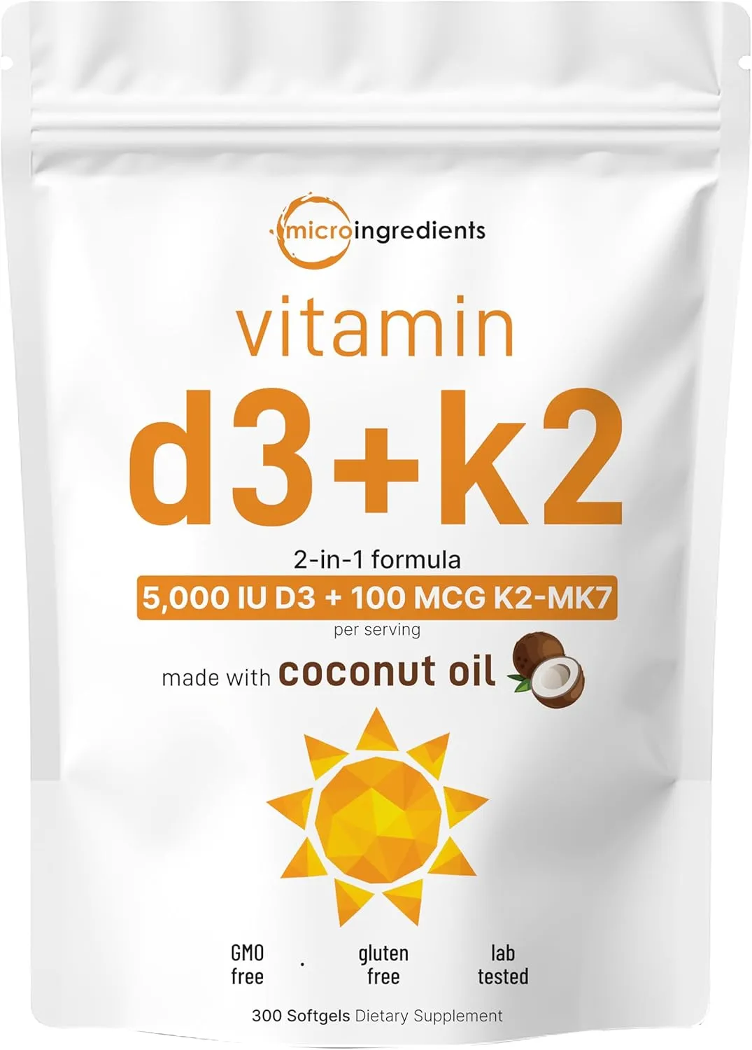 Micro Ingredients Vitamin D3 5000 IU Plus K2 (MK-7) 100 mcg, 300 Virgin Coconut Oil Softgels | 2 in 1 Vitamins D & K Complex | Supports Calcium Absorption, Bone, Immune, & Heart Health