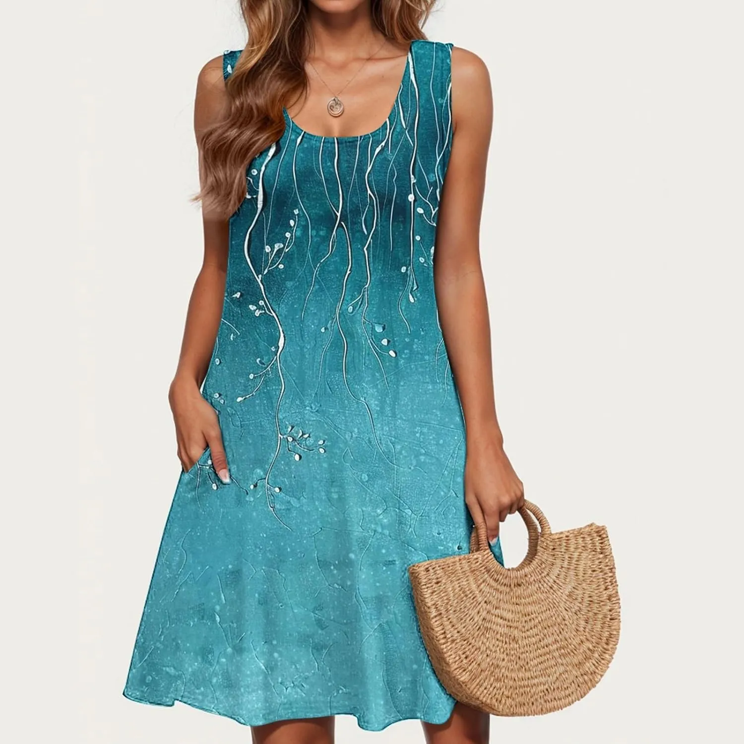 Midi Dress for Women Floral Print Sleeveless Summer Dresses Boho Flowy Casual Dress Beach Vacation Sundress