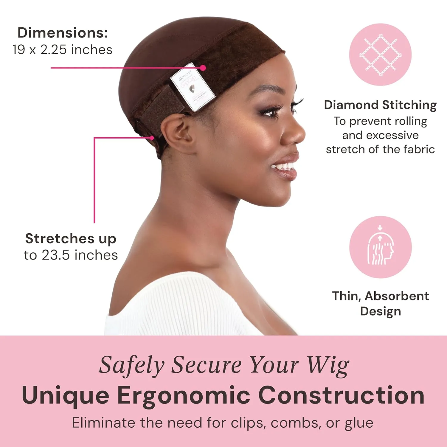 MILANO COLLECTION Wig Grip Caps for Women, Adjustable No Slip Wig Cap with Grip Band, Built-In Secure Elastic HeadBand for Lace Front Styles, Chocolate Brown, 2 Pack